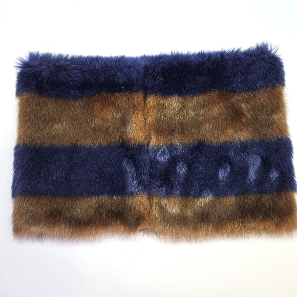 NEW Loft Faux Fur Navy & Brown Wide Stripe Infinity Scarf Neck Warmer - Picture 2 of 6